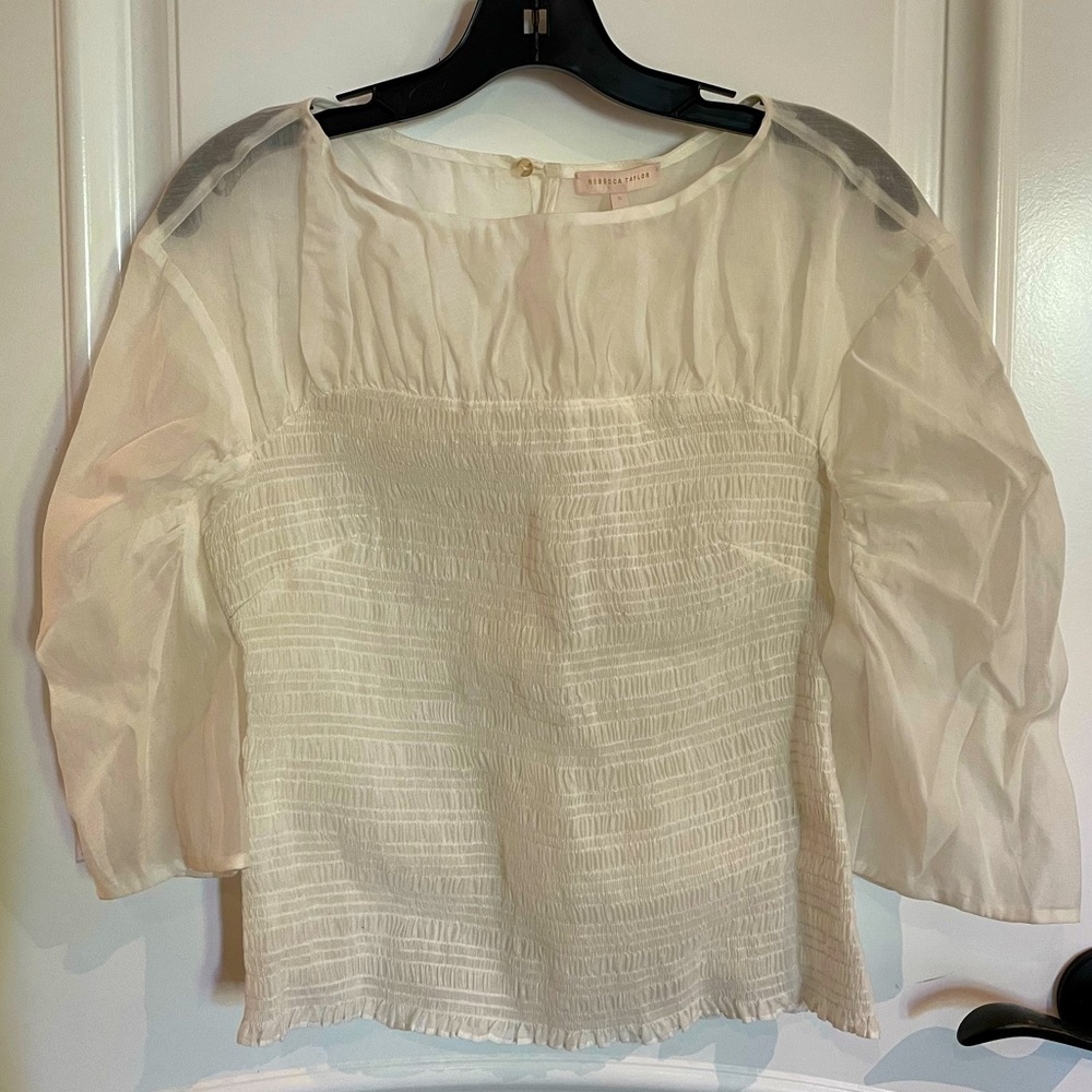Rebecca Taylor White Long Sleeve Ruched Organza Blouse (Small)